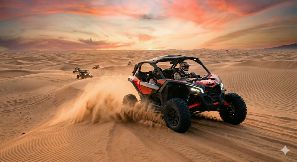 High-action self-drive desert experience illustrating Can I Drive Dune Buggy in Dubai requirements.