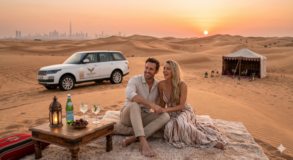 Laughing couple enjoying a private sunset setup with city skyline views during a premium Couples Desert Safari Dubai.
