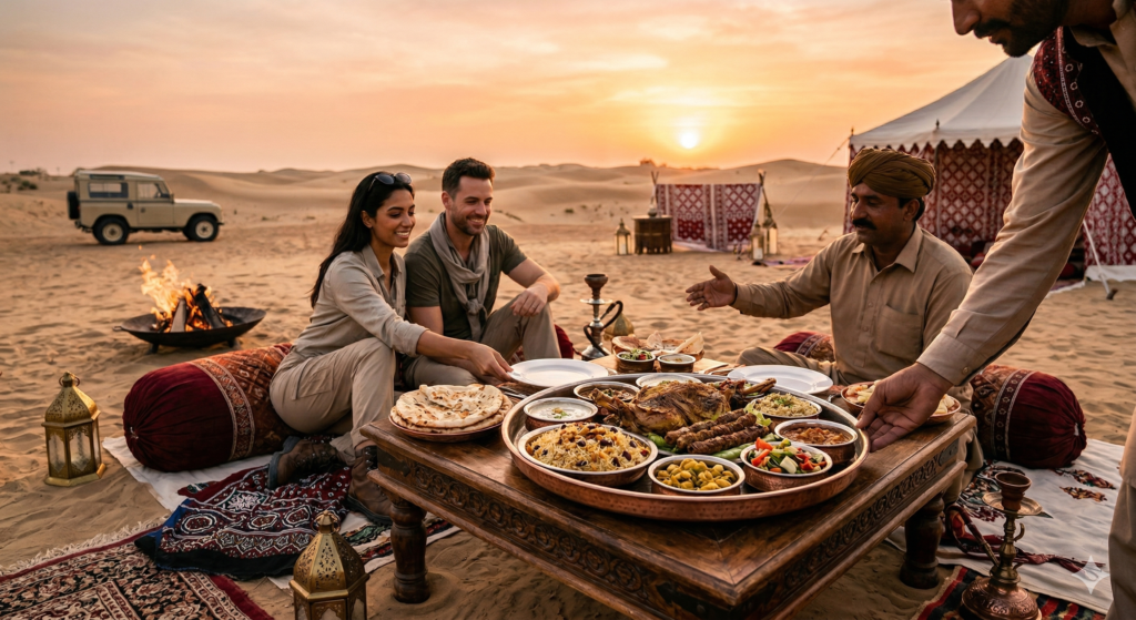 Couple enjoying a private traditional Arabian feast at sunset, answering What Food is Served in Desert Safari.