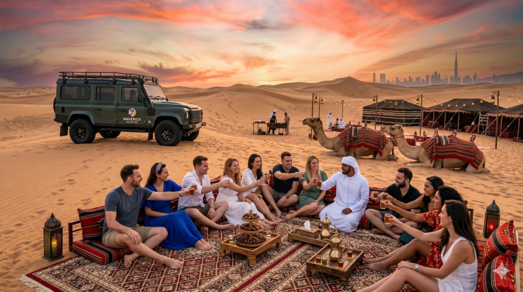 Large group of friends and colleagues posing at a sunset camp during a Group Desert Safari Dubai.