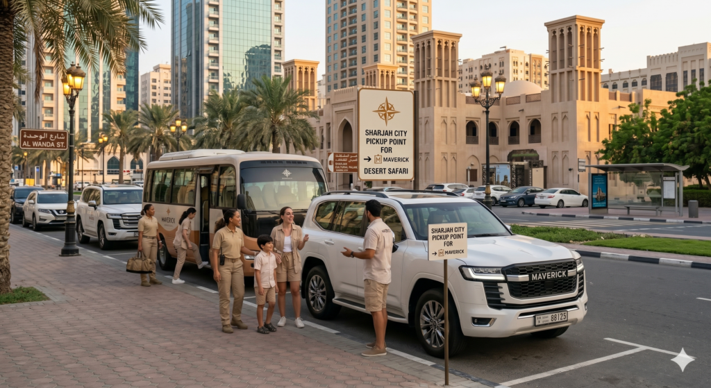 Official meeting point signage and professional transport for a seamless Desert Safari Pickup from Sharjah.