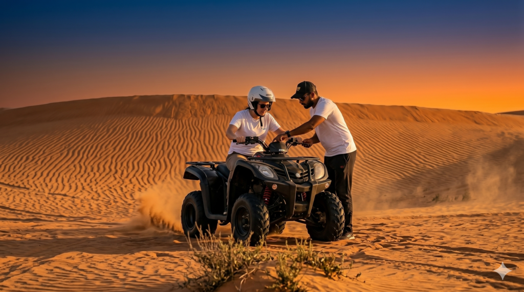 Guide instructing a tourist on an ATV at sunset, a safe and thrilling choice for a Desert Safari Near Me.