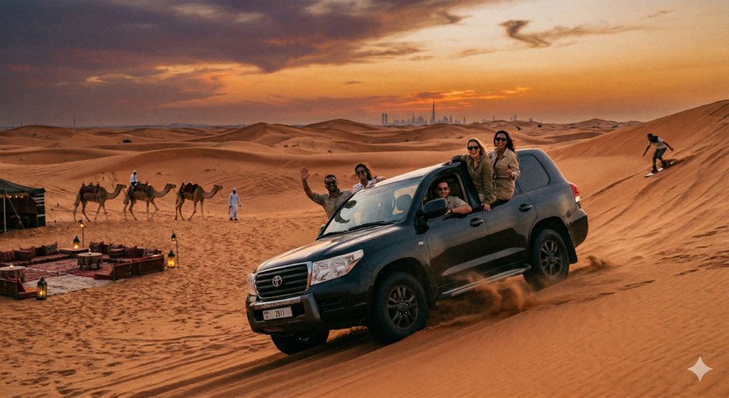 4x4 dune bashing and camel treks, essential features of What is Included in Desert Safari Dubai.