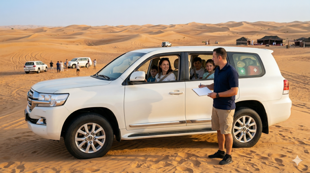 Professional guide conducting a safety briefing for a family, answering Is Desert Safari Safe.
