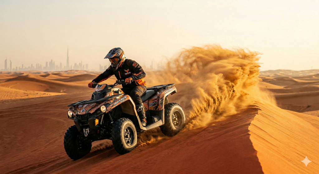 Rider kicking up sand on a quad bike, a visual guide to How Much is Quad Bike in Dubaii packages.