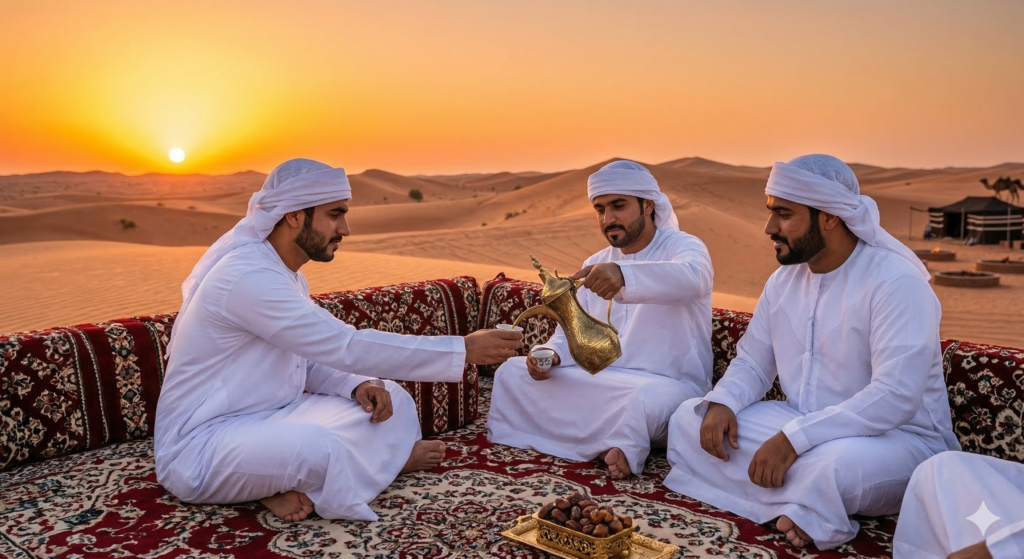 Traditional Arabic coffee and hospitality included in What is Included in Desert Safari Dubai.