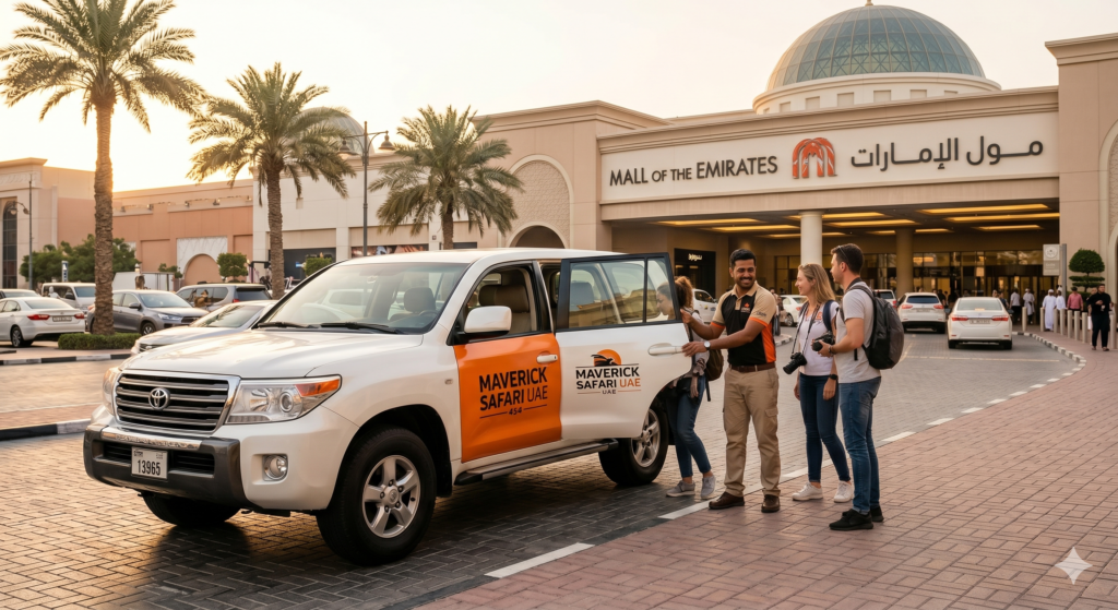 Couple boarding a luxury 4x4 under the iconic dome for their Desert Safari Mall of Emirates Pickup.