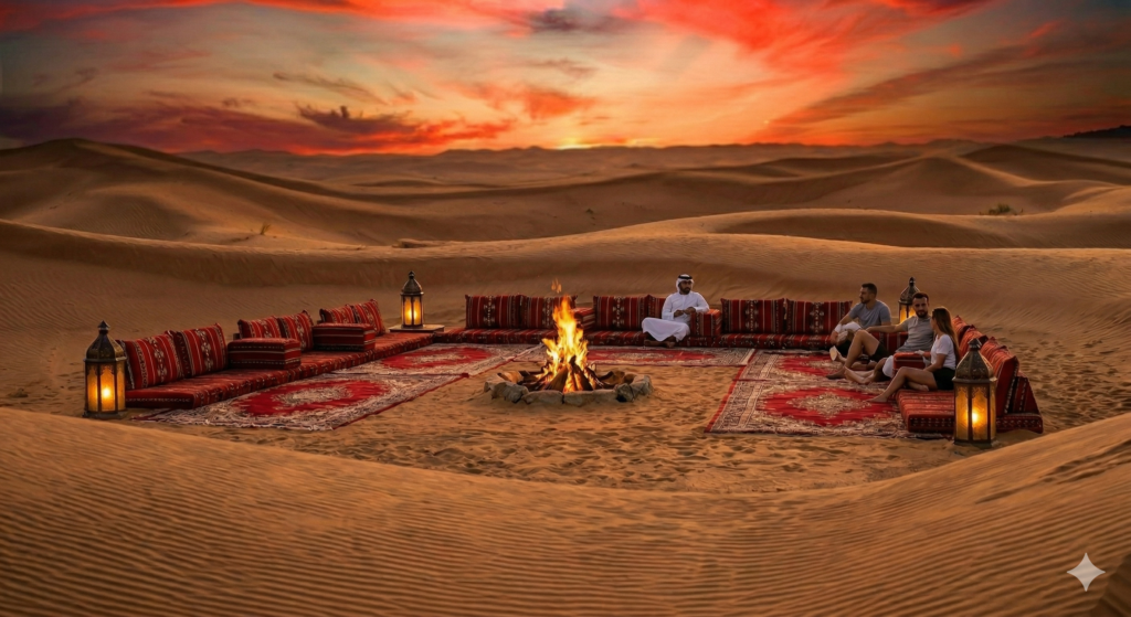 Authentic Bedouin campfire experience, a popular luxury option when choosing How to Book Desert Safari Dubai.