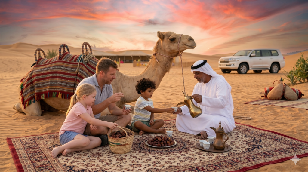 : Emirati guide pouring traditional tea for a father and kids during a premium Family Private Desert Safari.