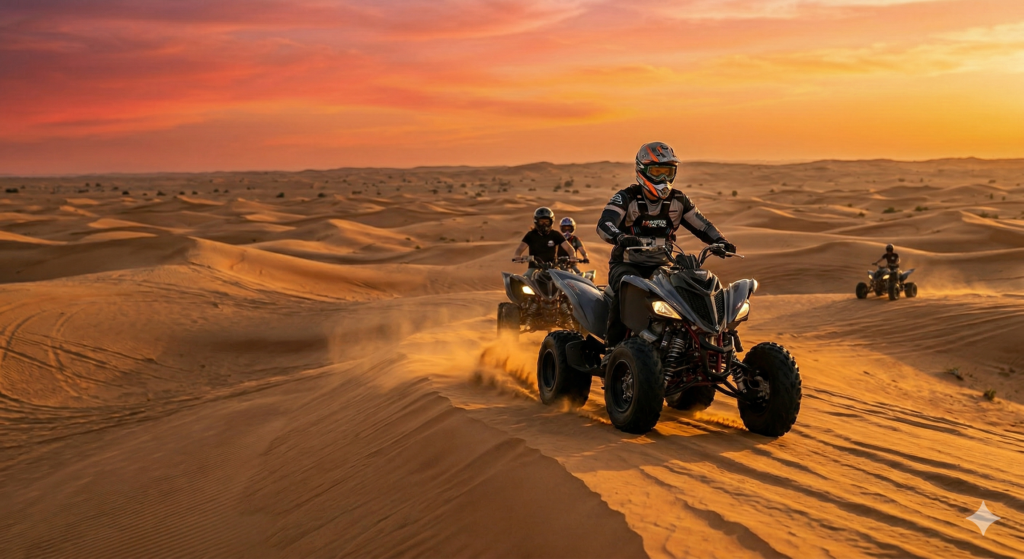 Guided desert ATV tour with friends, answering the popular question How Much is Quad Bike in Dubai.