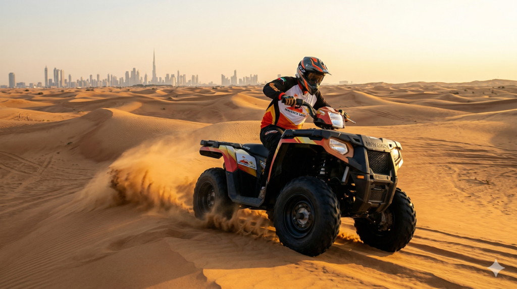 Thrilling desert ATV ride answering the popular question, How Much is Quad Bike in Dubaii.