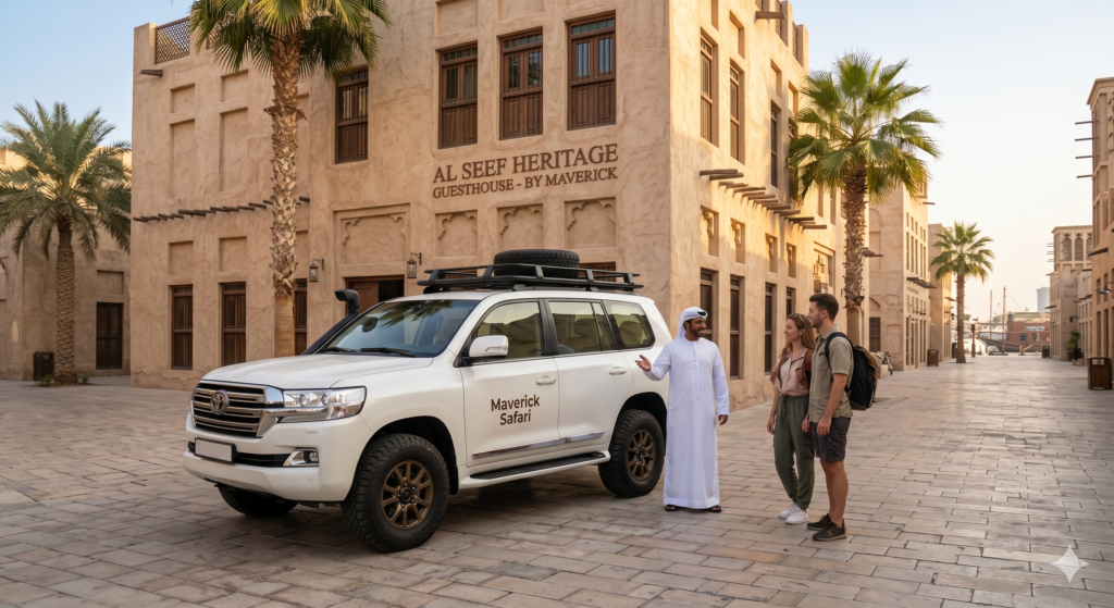 Tourists meeting their local guide at a traditional hotel for a seamless desert safari Deira pickup.
