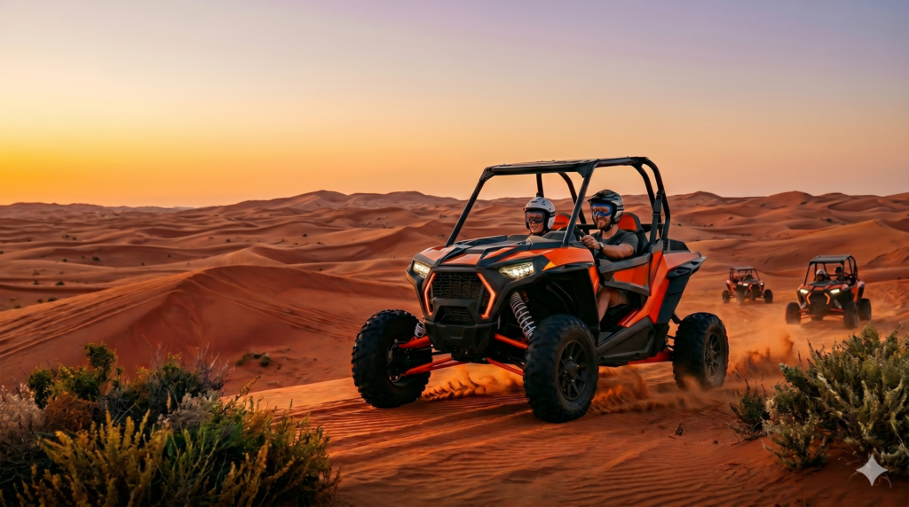 Couple riding a 2-seater UTV at sunset, explaining How Much Does Dune Buggy Cost in Dubai.