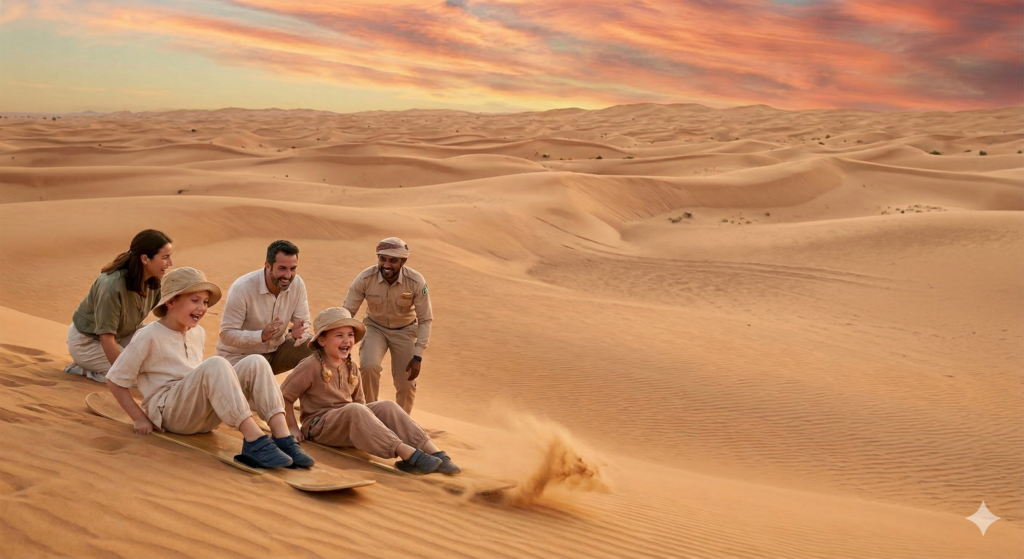 Children safely sandboarding with their parents and a guide, answering Is Desert Safari Suitable for Kids.