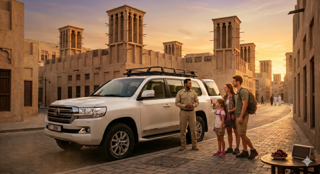 Family meeting their guide in the historic Al Fahidi district for a Desert Safari Bur Dubai Pickup.