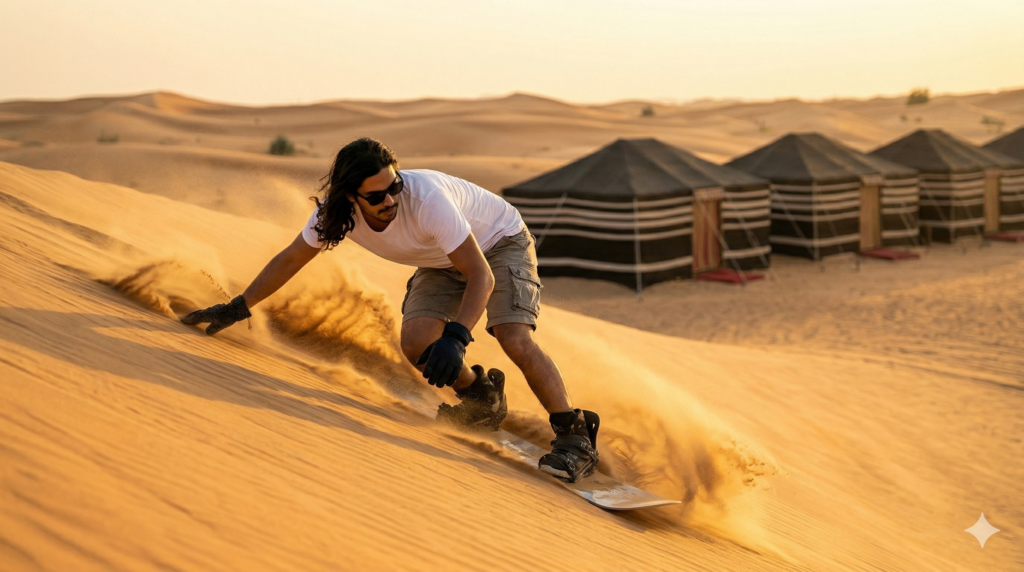 Sandboarding on red dunes, a key part of What to Expect in Desert Safari Dubai.
