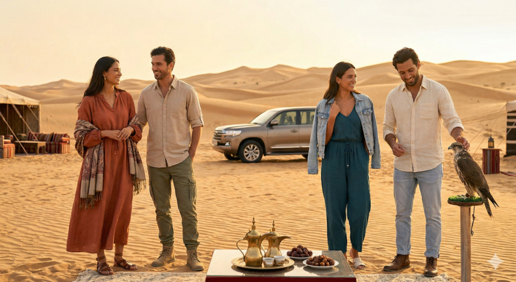 Tourists modeling What to Wear Evening Desert Safari Dubai including layered maxi dresses and light jackets.