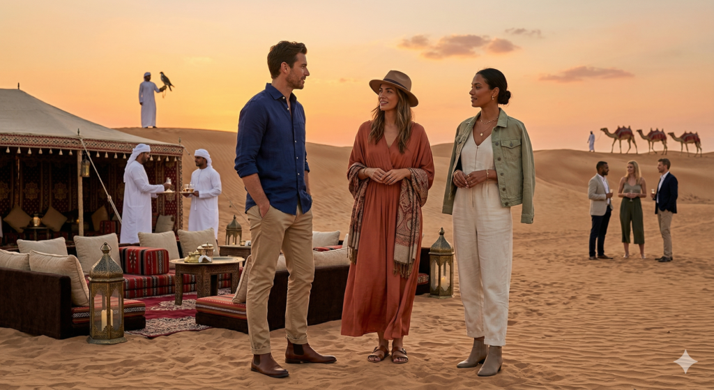 A group of travelers demonstrating stylish and appropriate attire for What to Wear Evening Desert Safari Dubai.
