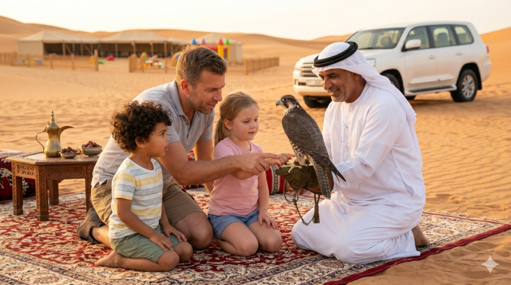 Emirati guide safely showing a falcon to a father and two young children during a Kids Friendly Desert Safari.