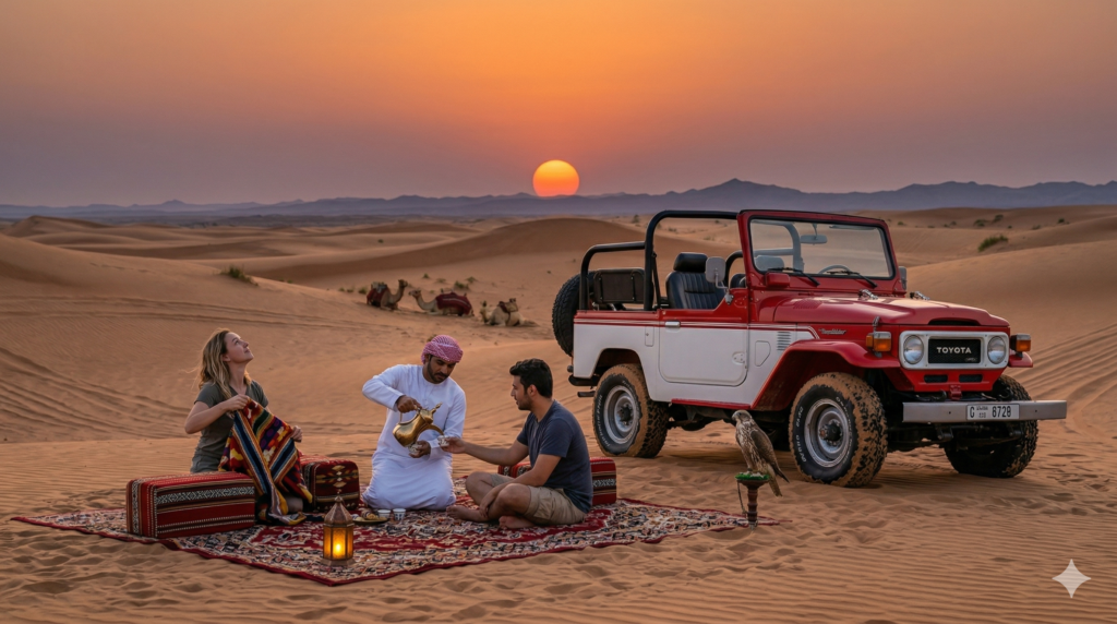 Sunset hospitality scene answering How Long Does Desert Safari Take for an evening tour.