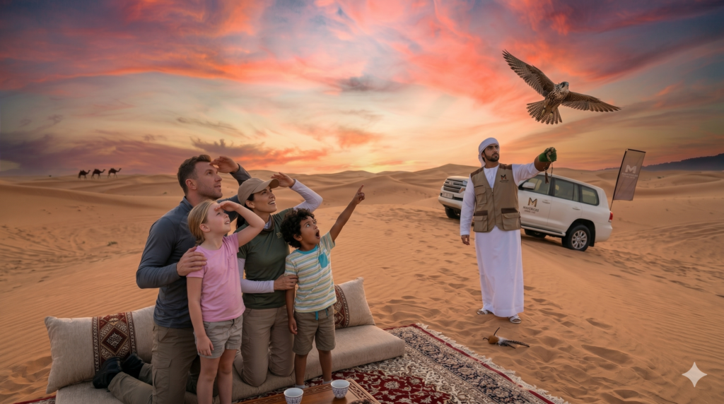 Family watching a guide fly a falcon at sunset during an exclusive Family Private Desert Safari.