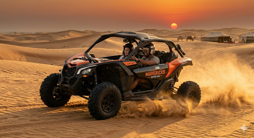 Couple enjoying a high-action UTV experience, illustrating Can I Drive Dune Buggy in Dubai.