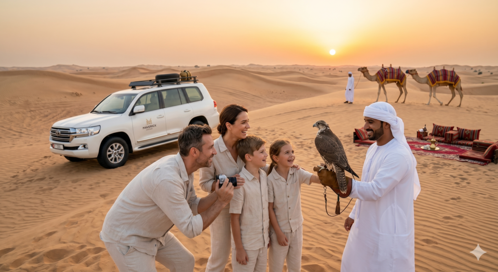 Parents taking photos of their children interacting with a falcon at sunset during a premium Family Desert Safari Dubai.