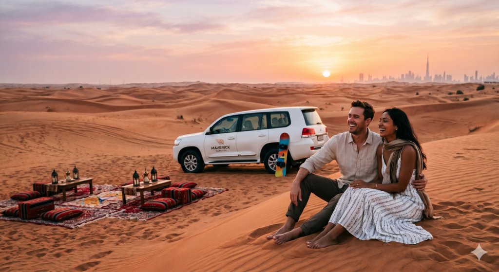 Laughing couple relaxing on a dune with skyline views during a private Couples Desert Safari Dubai.