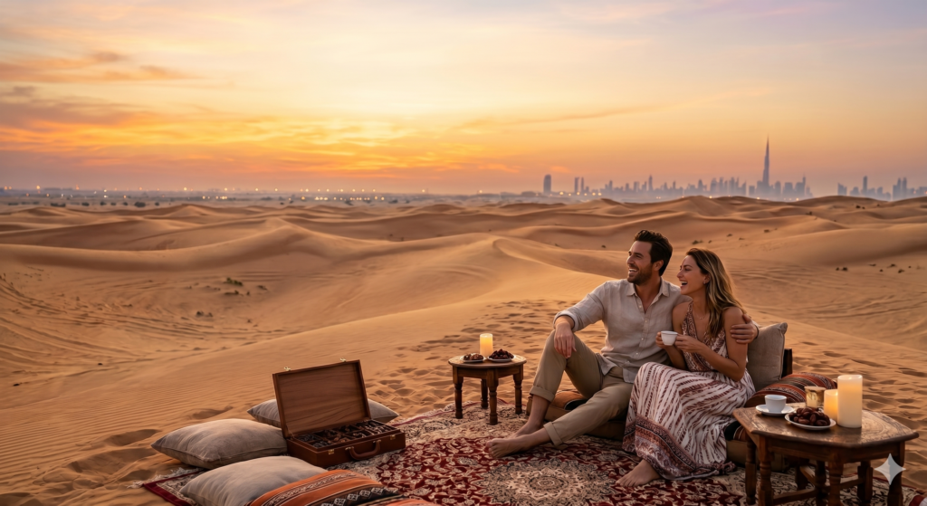 Romantic couple enjoying a private sunset setup with skyline views during a Couples Desert Safari Dubai.