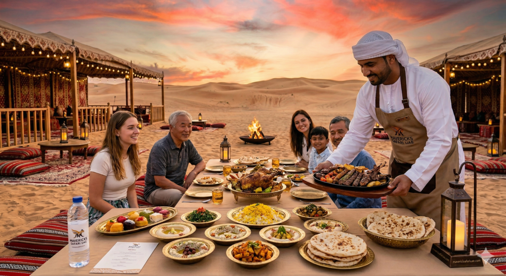 Family being served a traditional Arabian BBQ dinner, answering What Food is Served in Desert Safari.