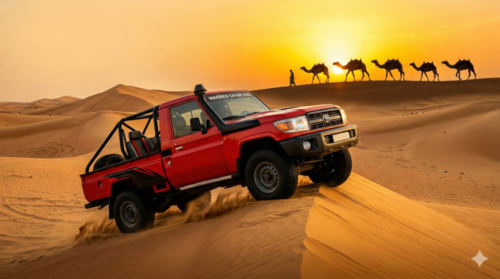 Red 4x4 dune bashing and sunset camel caravan showing What to Expect in Desert Safari Dubai.