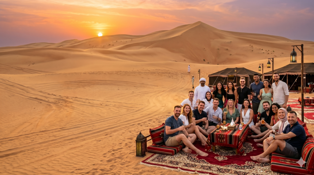 Large group of friends and colleagues posing at a sunset camp during a Group Desert Safari Dubai.