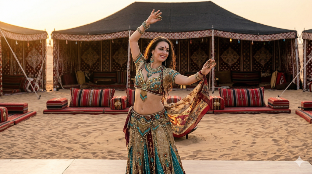 Belly dance performance at a Bedouin camp, a cultural highlight for How to Book Desert Safari Dubai.