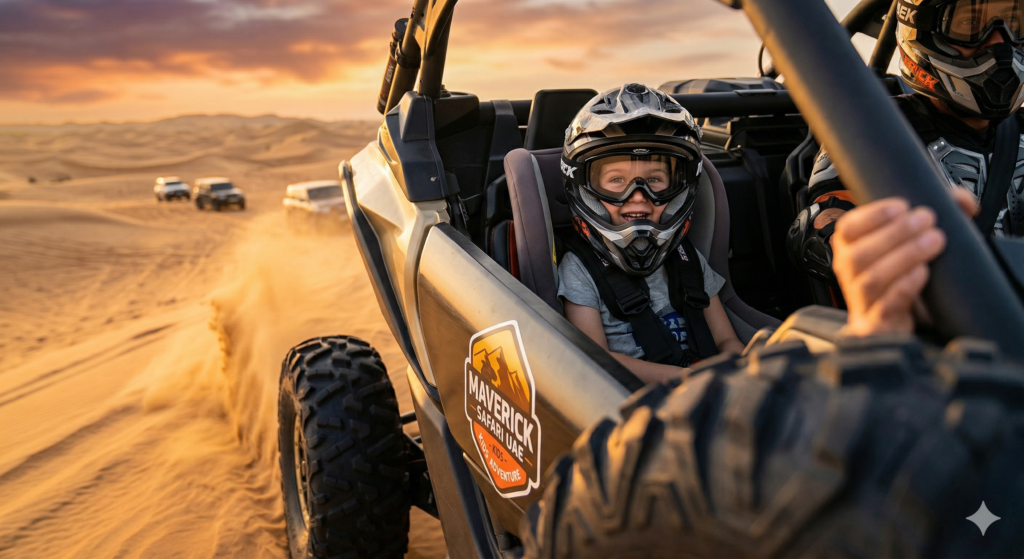 Happy child securely strapped in a buggy with safety gear, answering Is Desert Safari Suitable for Kids.