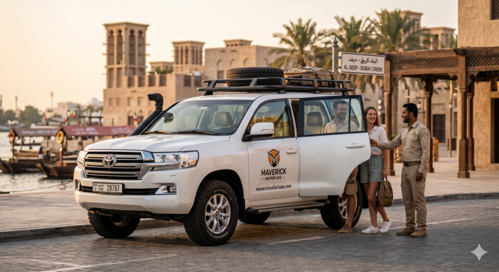 Guide assisting a couple into a Maverick Safari SUV at Al Seef for a Desert Safari Bur Dubai Pickup.