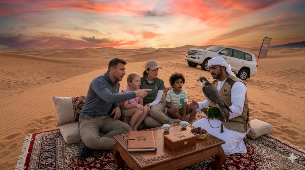 Exclusive desert setup with traditional rugs and a white SUV for a luxury Family Private Desert Safari.