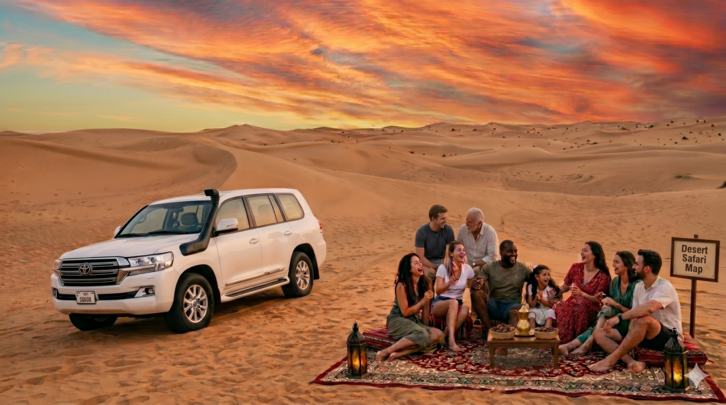 Large party relaxing by a white SUV with tea and dates for a premium Group Desert Safari Dubai.
