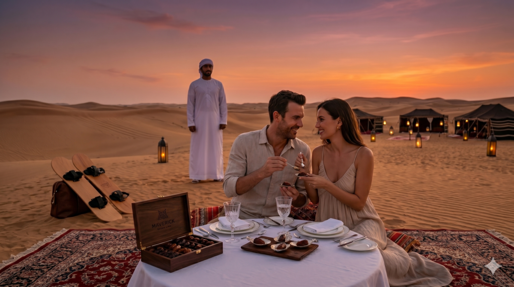 Couple enjoying a private, romantic sunset dinner during a luxury Couples Desert Safari Dubai.