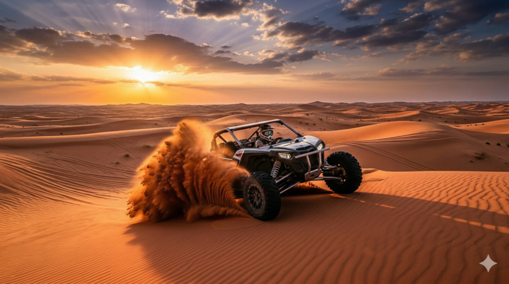 Thrilling self-drive experience answering Can I Drive Dune Buggy in Dubai at sunset.