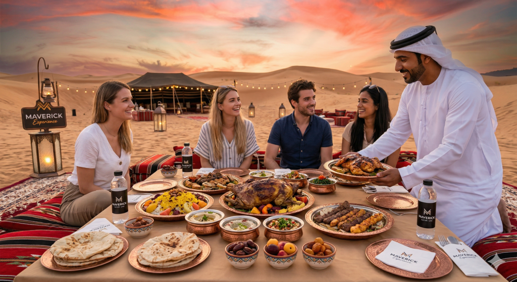 Group enjoying a traditional Arabian feast at sunset, answering What Food is Served in Desert Safari.