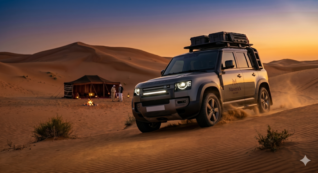 Luxury off-road vehicle driving through sunset dunes, illustrating a premium Desert Safari Near Me.