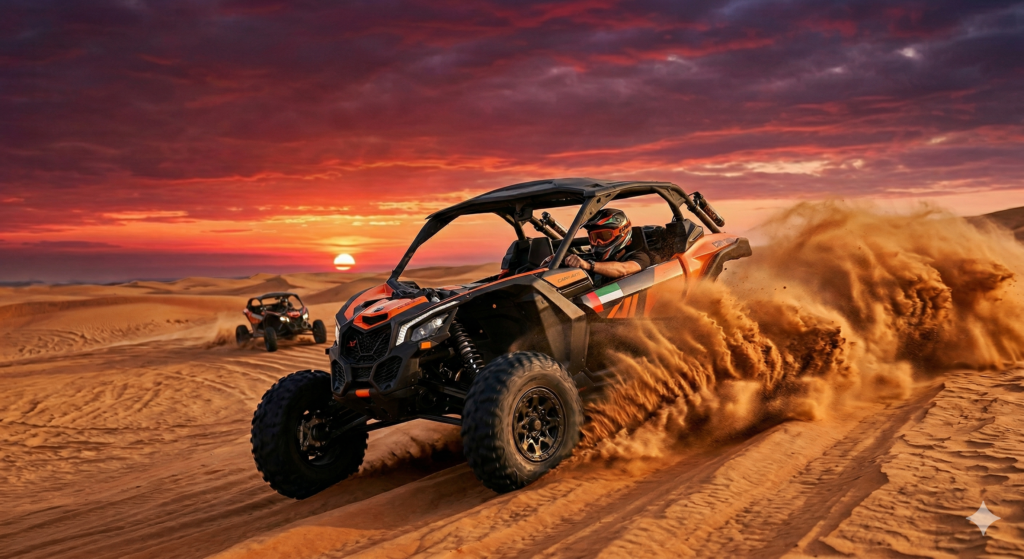 Action-packed off-road drive on Dubai dunes showing What is Dune Bashing in real-time.