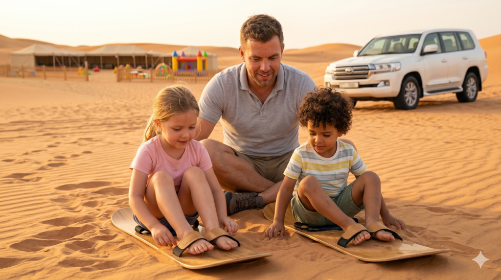 Kids getting ready to sandboard near a family camp with a bouncy castle on a Kids Friendly Desert Safari.