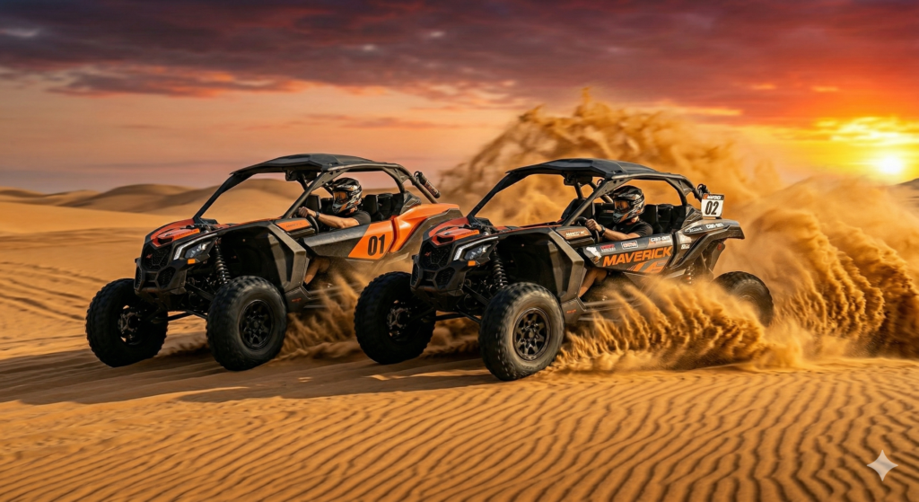 High-energy off-road action on Dubai dunes illustrating What is Dune Bashing.
