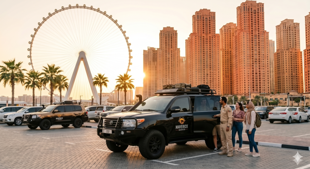 Guide welcoming tourists into a Maverick Safari SUV near Ain Dubai for a convenient Desert Safari JBR Pickup.