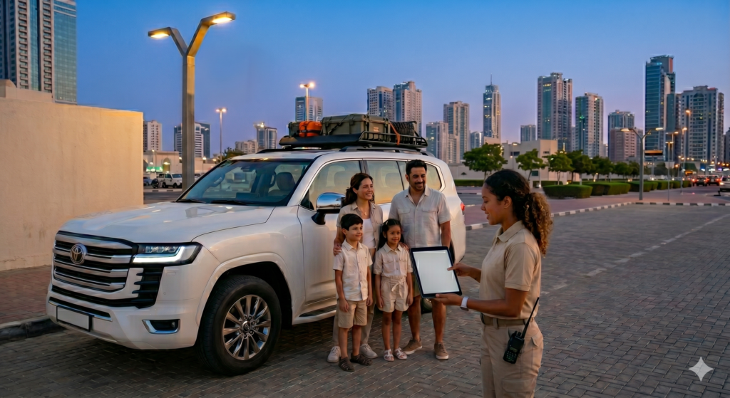 Family of four checking in with a professional guide for their evening Desert Safari Pickup from Sharjah.