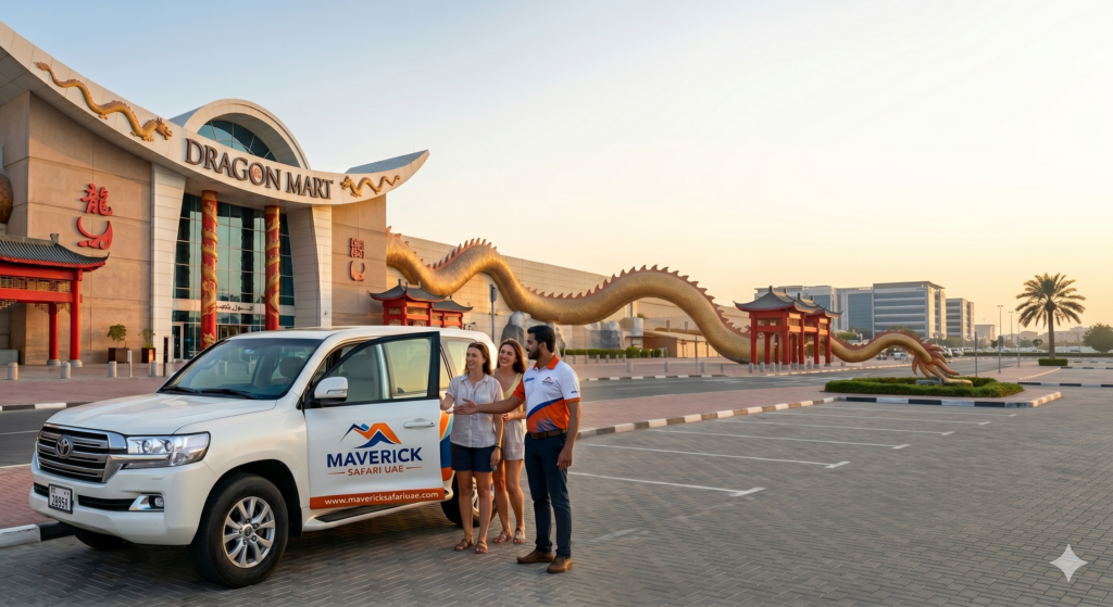 Branded 4x4 parked by the famous dragon statue ready for a scheduled Desert Safari Dragon Mart Pickup.