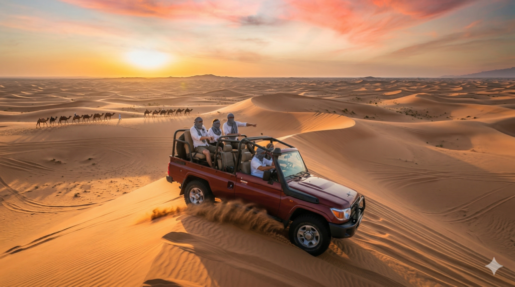 4x4 dune bashing at sunset, a key part of the 6-hour journey for How Long Does Desert Safari Take.