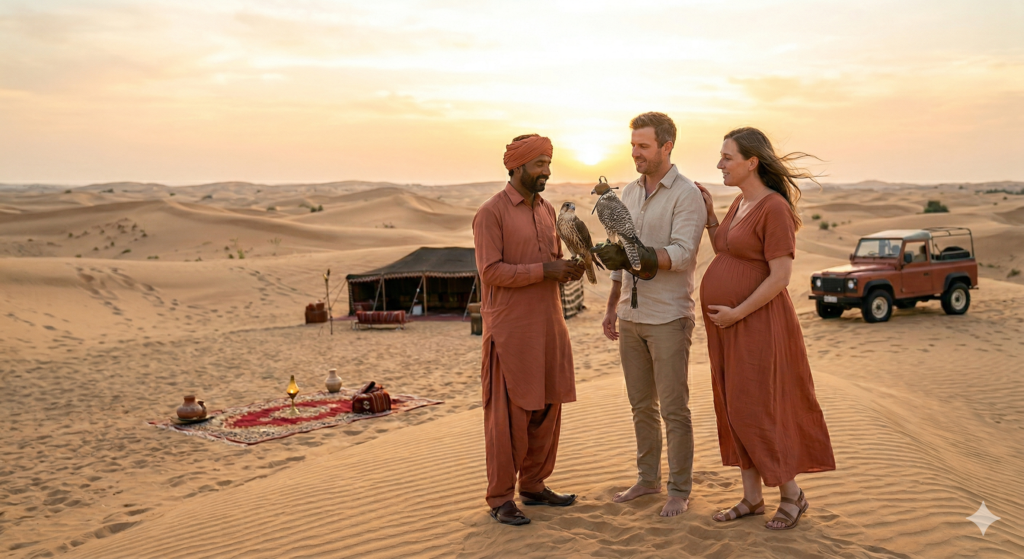 Expectant couple participating in safe cultural activities, showing how Can Pregnant Women Do Desert Safari.