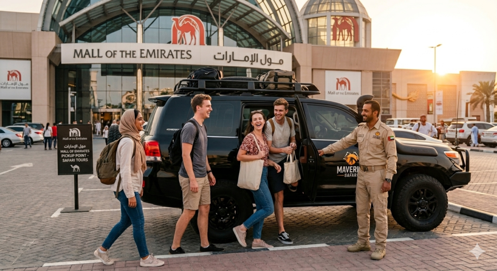 Guide welcoming a group at the main entrance pickup zone for an evening Desert Safari Mall of Emirates Pickup.